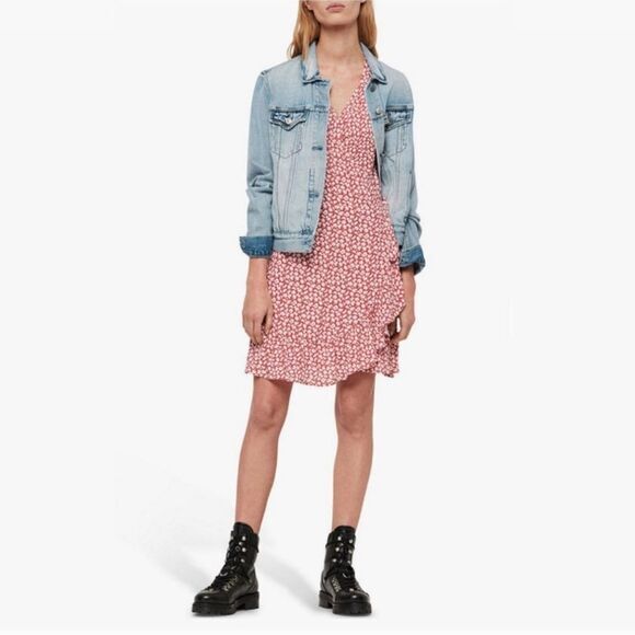 All Saints Dress Women's Medium Red Floral Krystal Wrap Mini Ruffle V Neck Large - Picture 7 of 13